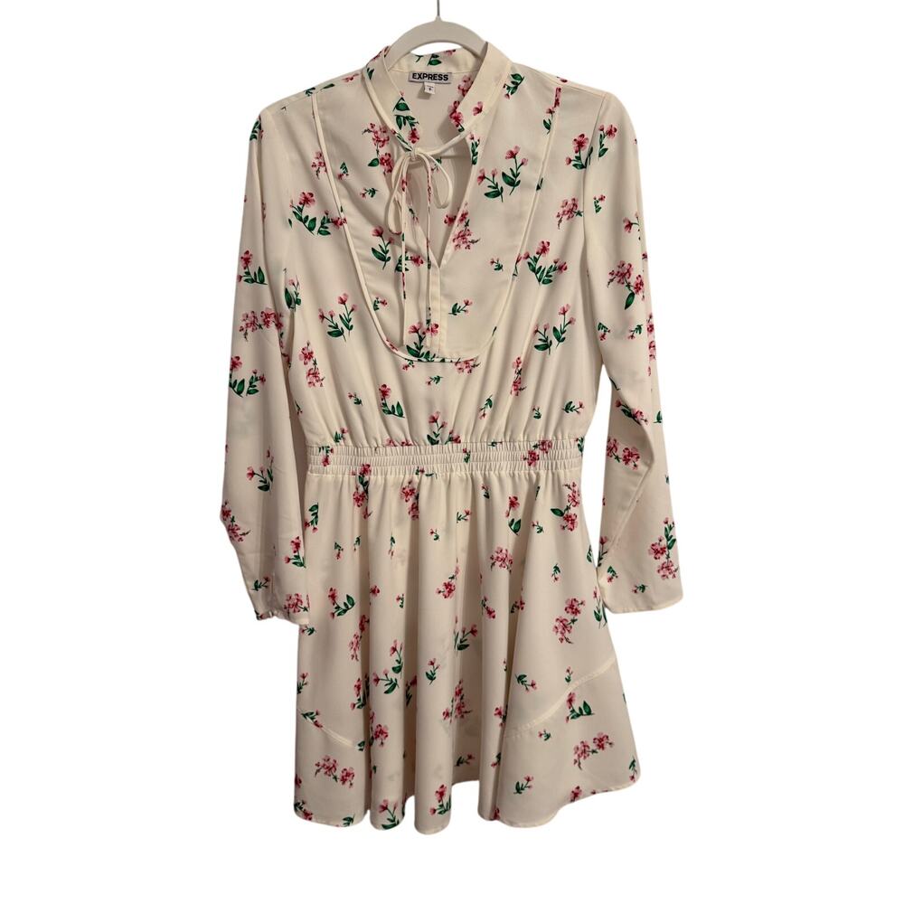 Express Women's S Cottagecore Dainty Floral Long Sleeve Neck Tie Dress Coquette